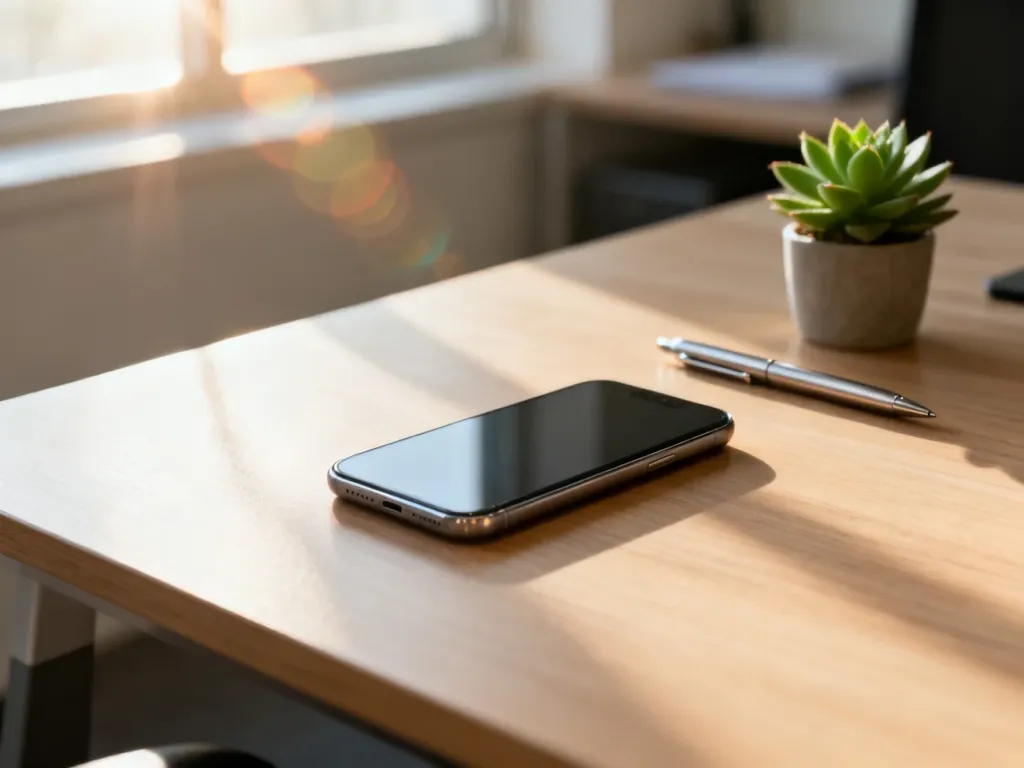 Nowoczesny smartfon na biurku obok rośliny i długopisu, prezentujący estetykę urządzeń w budżetowym segmencie cenowym.