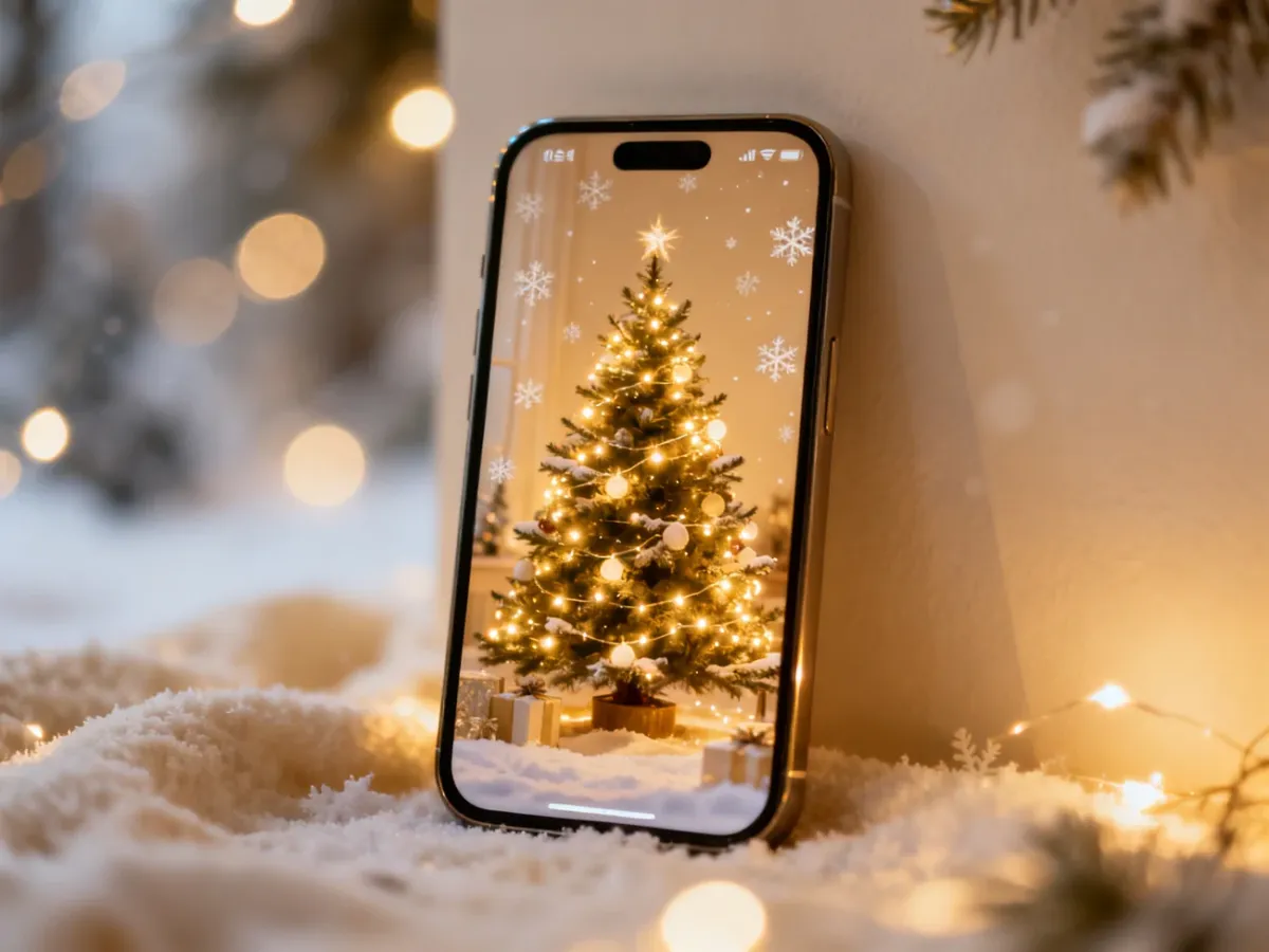 Smartfon z elegancką świąteczną tapetą przedstawiającą choinkę i ciepłe lampki