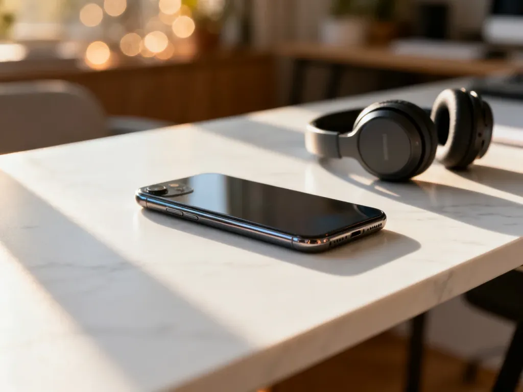 Nowoczesny smartfon leżący na marmurowym biurku w otoczeniu słuchawek bezprzewodowych w domowym biurze.