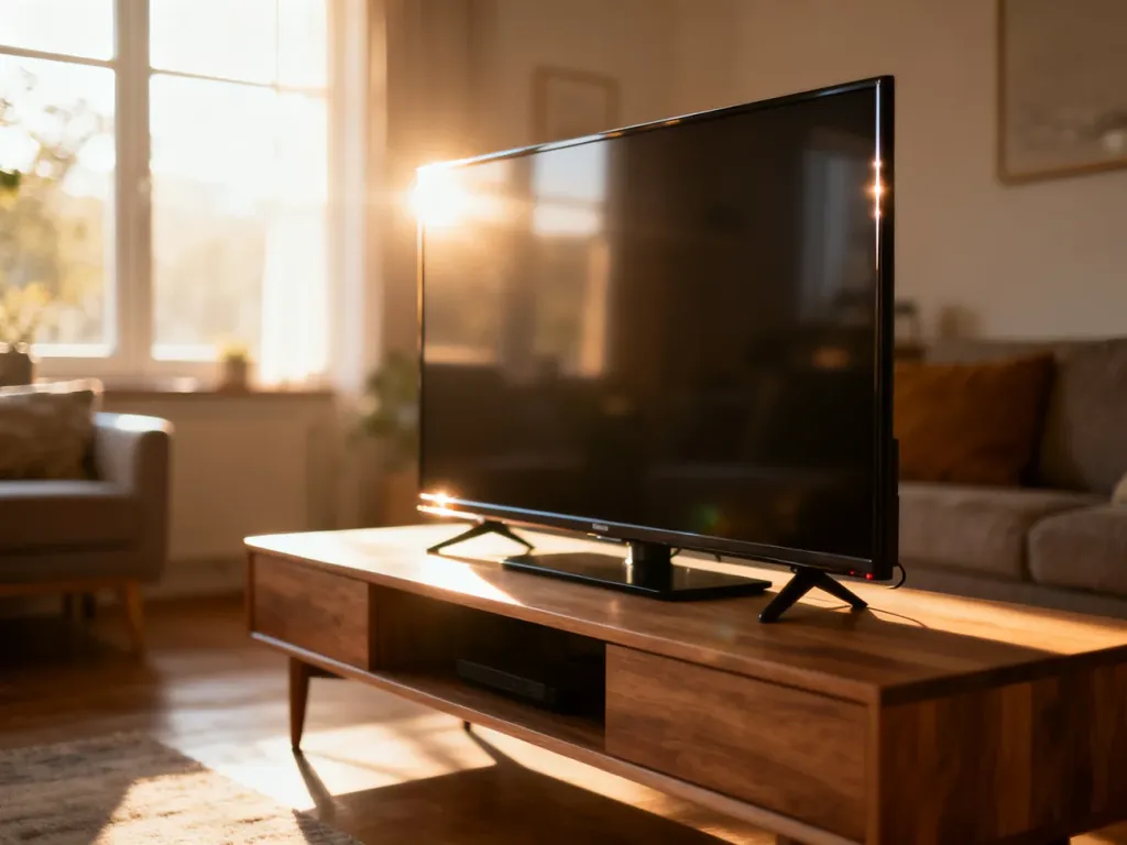 Nowoczesny 32-calowy telewizor Smart TV ustawiony na minimalistycznej szafce w przytulnym, słonecznym salonie.