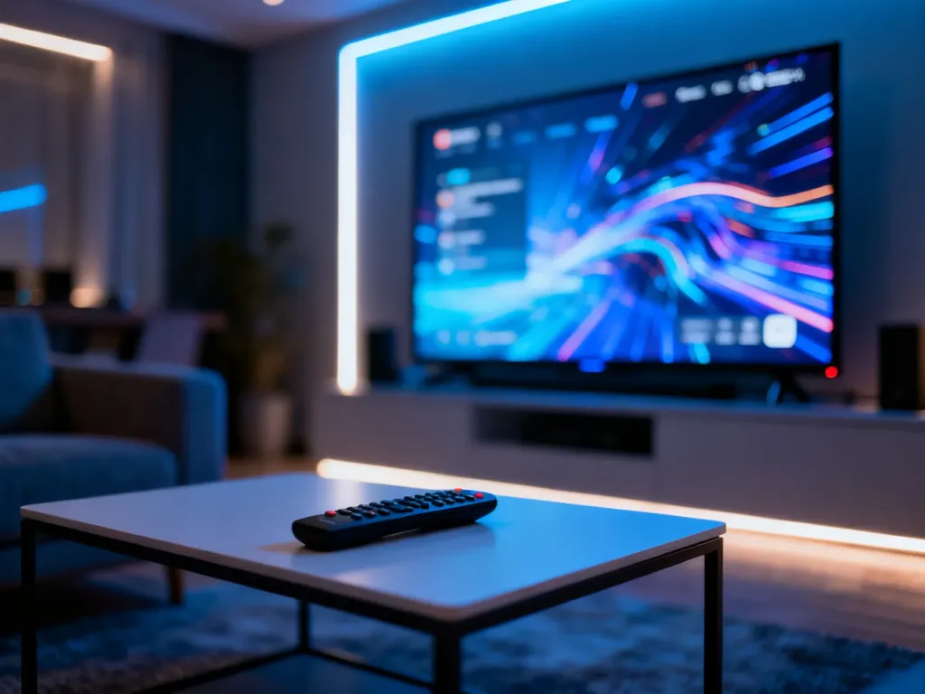 Nowoczesny salon z dużym telewizorem i pilotem na stole, ilustrujący domowe centrum rozrywki VOD.