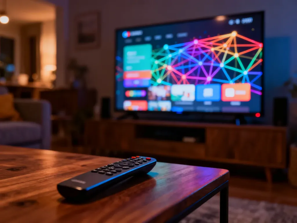 Nowoczesny telewizor Smart TV z widocznym interfejsem sieciowym oraz pilot na stoliku w przytulnym salonie.