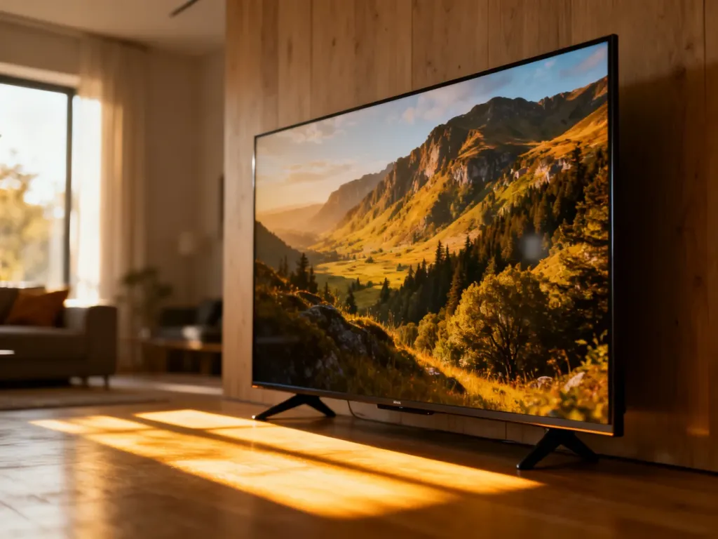 Nowoczesny 55-calowy telewizor Smart TV z wyświetlaczem 8K prezentujący żywy krajobraz w przytulnym salonie.