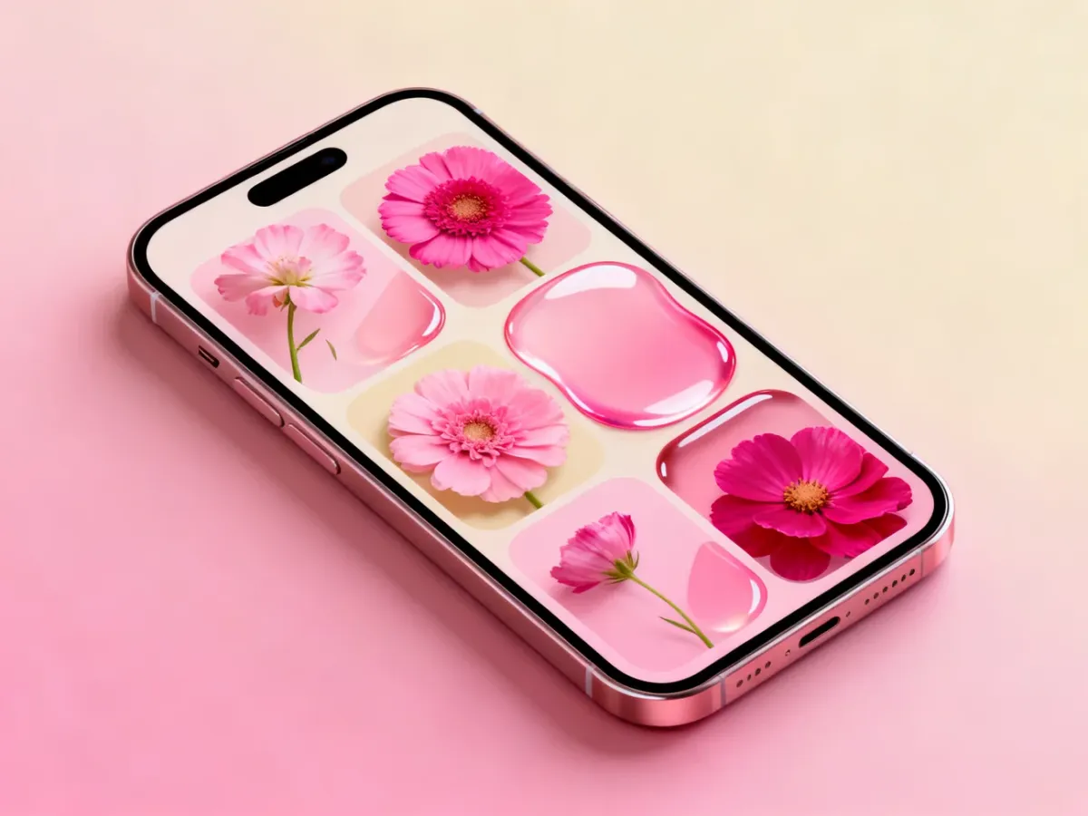 Smartfon prezentujący różowe tapety w pastelowych, kwiatowych i abstrakcyjnych stylach
