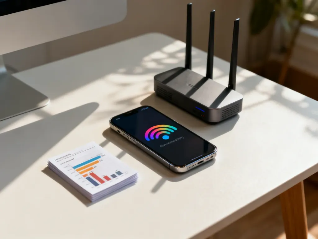 Nowoczesny smartfon z ikoną zasięgu oraz router na biurku, symbolizujące porównanie ofert sieci komórkowych.
