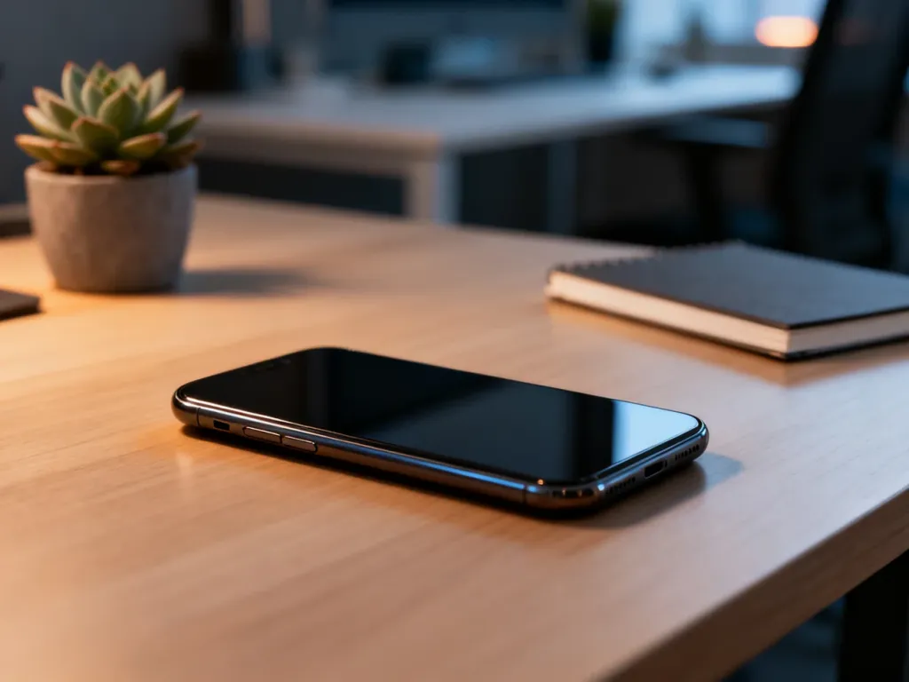 Nowoczesny smartfon leżący na minimalistycznym biurku, prezentujący estetyczny i profesjonalny wygląd urządzenia.