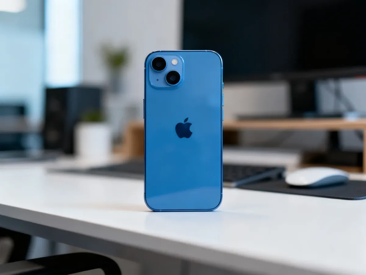 Niebieski iPhone 13 na biurku w nowoczesnym wnętrzu