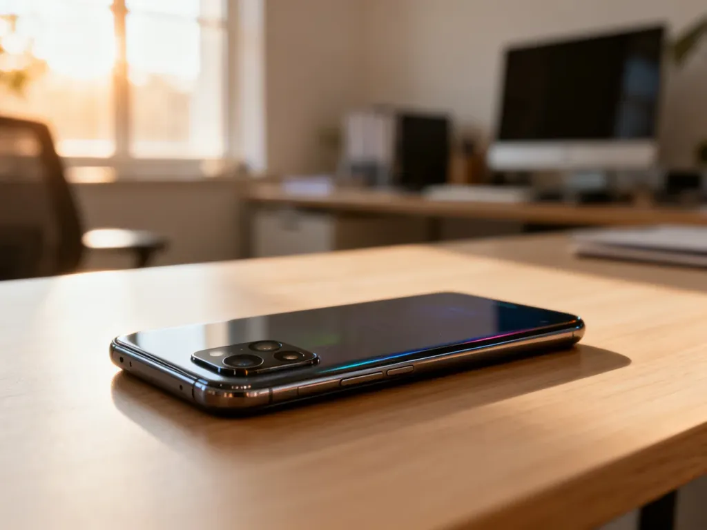 Nowoczesny smartfon leżący na drewnianym biurku w słonecznym domowym biurze, prezentujący elegancki design urządzenia.