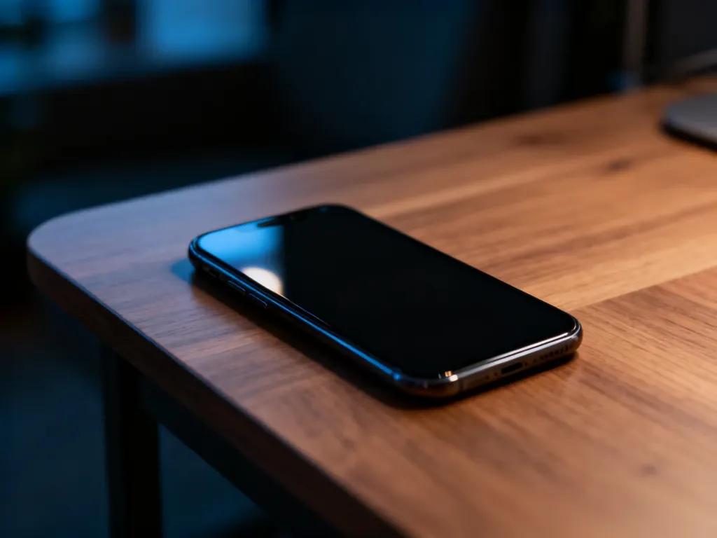Minimalistyczny smartfon z czarną tapetą leżący na drewnianym biurku w przygaszonym, nowoczesnym wnętrzu.