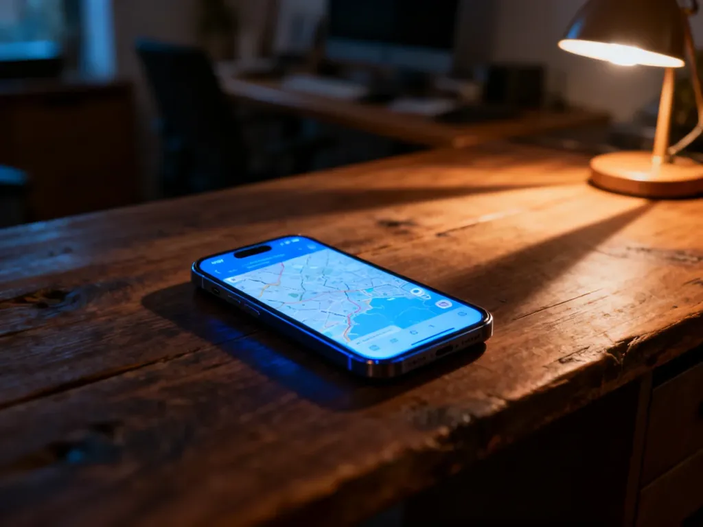 Nowoczesny smartfon z wyświetloną mapą lokalizacyjną na drewnianym biurku, symbolizujący proces namierzania urządzenia.