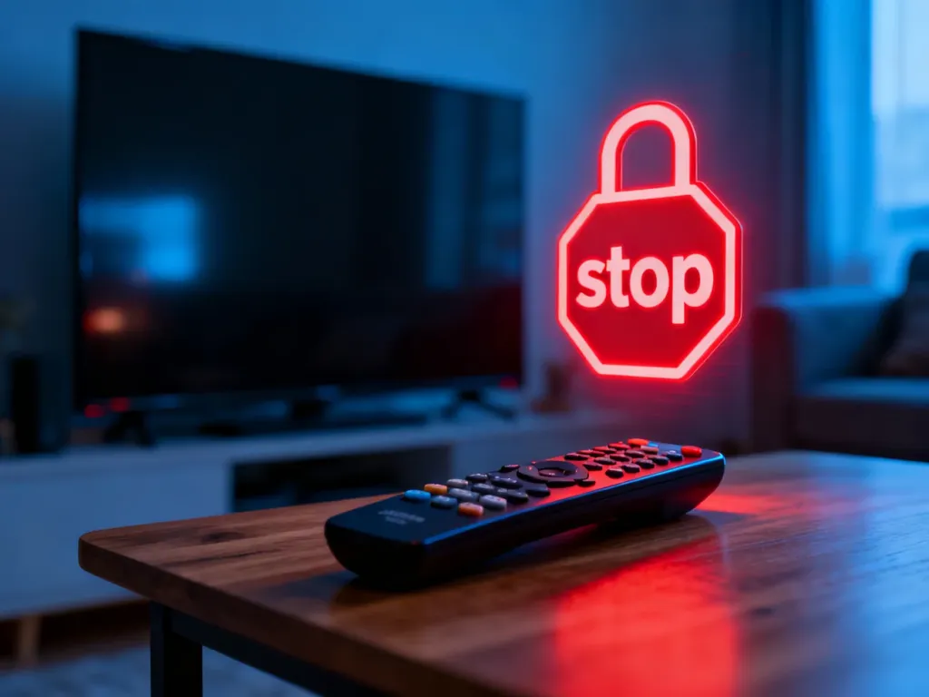 Pilot do telewizora z wyświetloną czerwoną ikoną blokady, symbolizujący ograniczenie dostępu do treści wideo.