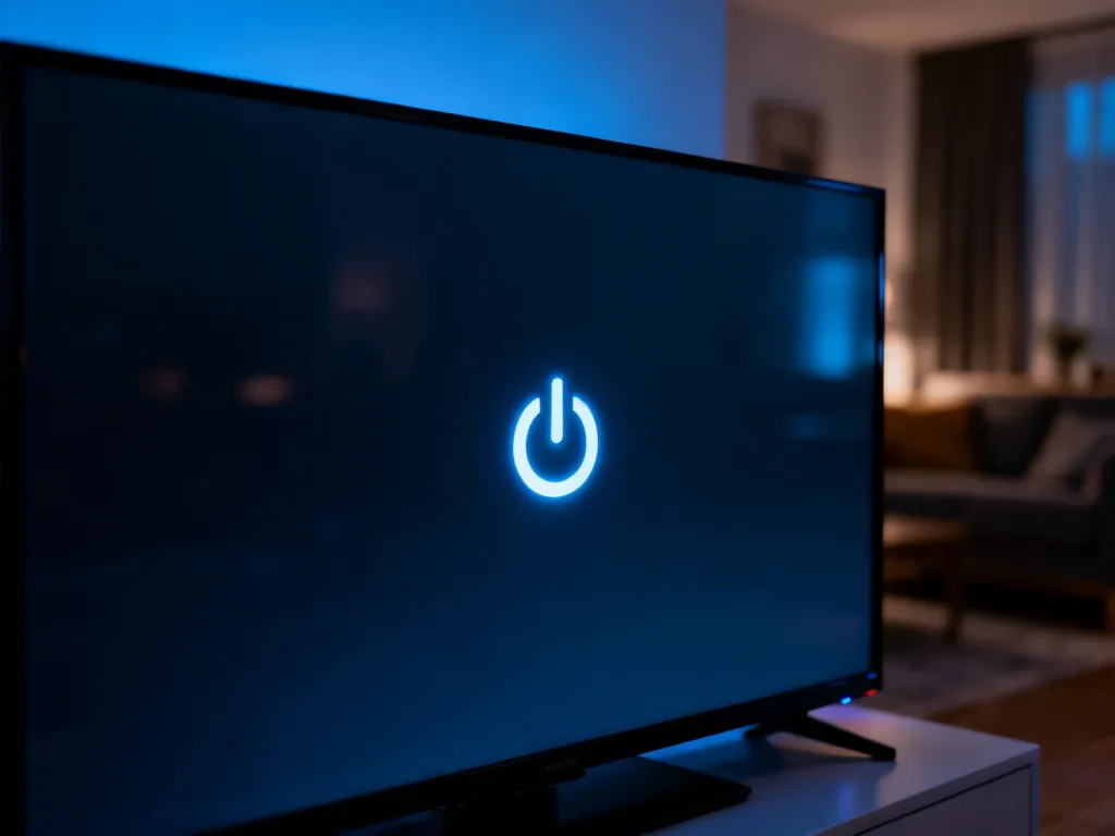 Nowoczesny telewizor z podświetlaną ikoną zasilania na ciemnym ekranie, sygnalizujący tryb czuwania urządzenia.