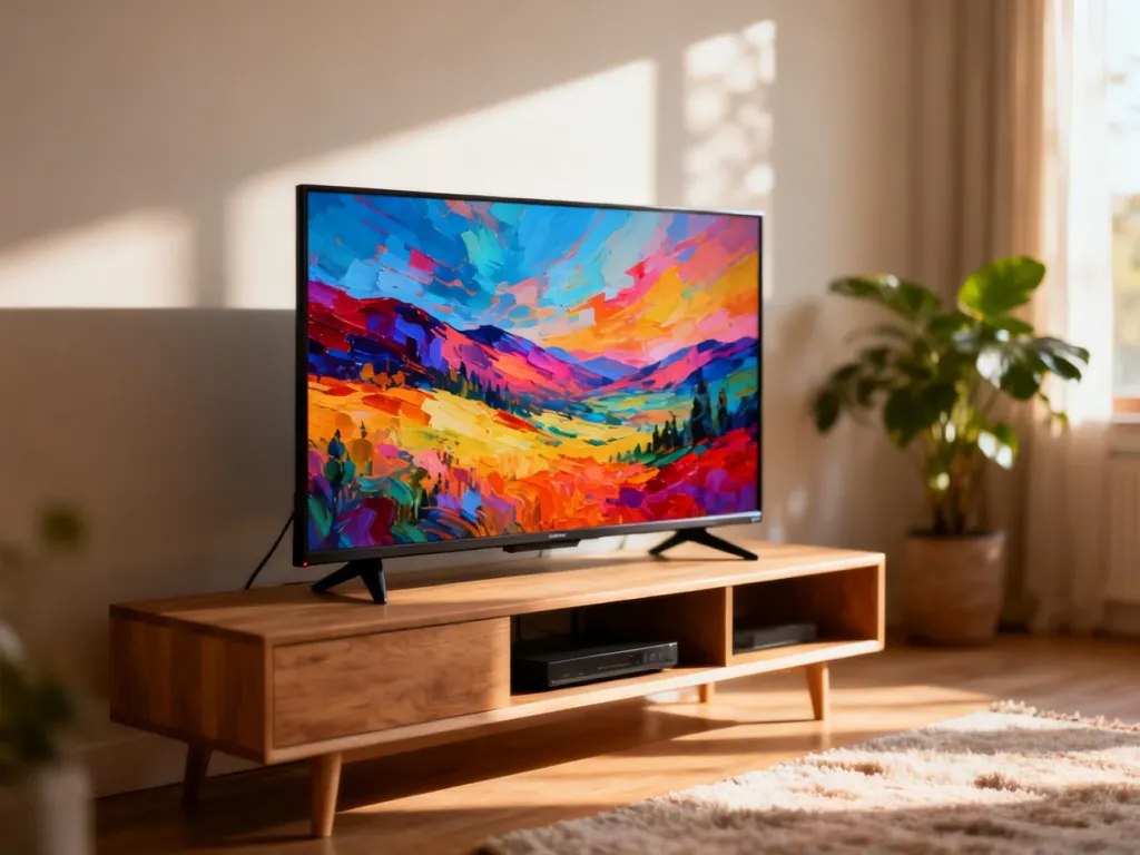 Nowoczesny telewizor LED 32 cale ustawiony na drewnianej szafce w przytulnym, słonecznym salonie.