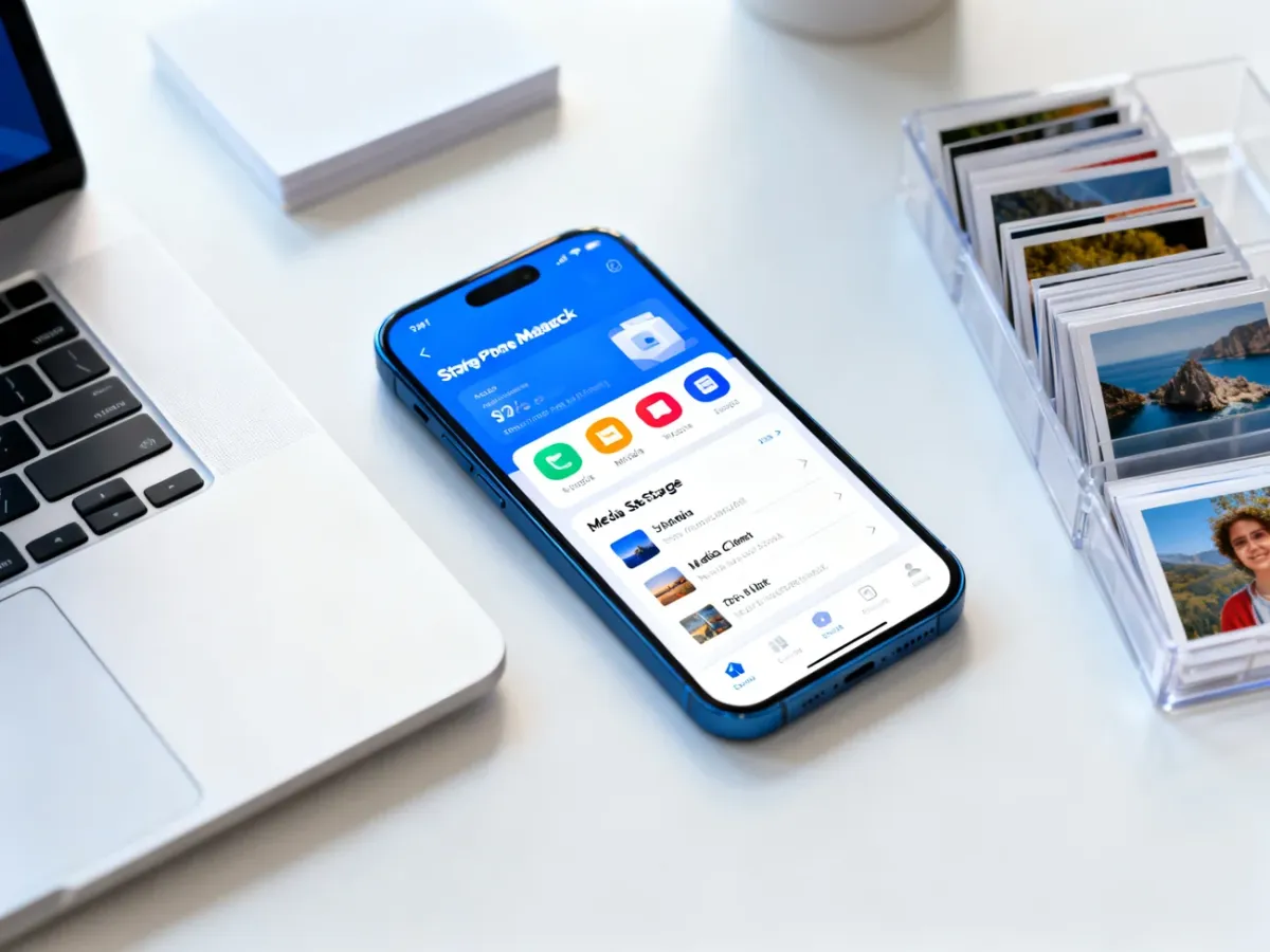 Smartfon podczas porządkowania pamięci obok laptopa i uporządkowanych plików