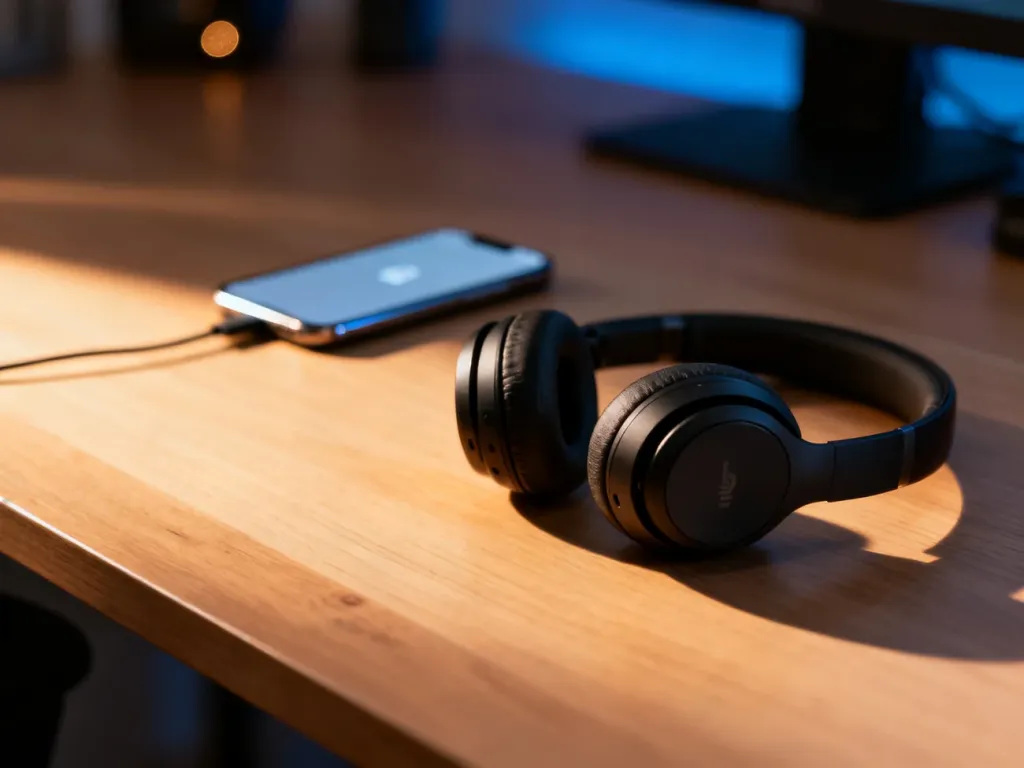 Wysokiej jakości słuchawki bezprzewodowe na drewnianym biurku obok smartfona, gotowe do połączenia przez Bluetooth.