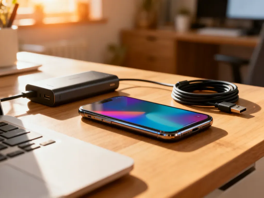 Nowoczesny smartfon leżący na biurku obok powerbanka i kabla do ładowania, podkreślający temat wydajnych baterii w telefonach.