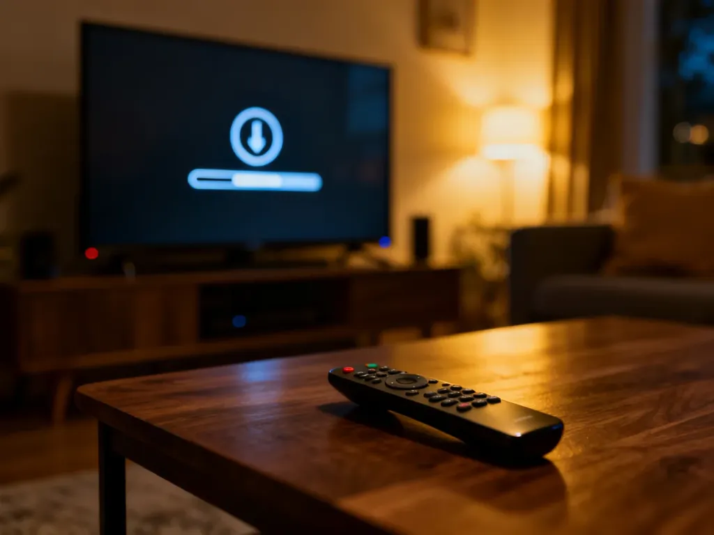 Pilot do telewizora leżący na stoliku kawowym przed ekranem z ikoną ładowania, symbolizujący proces resetowania aplikacji.