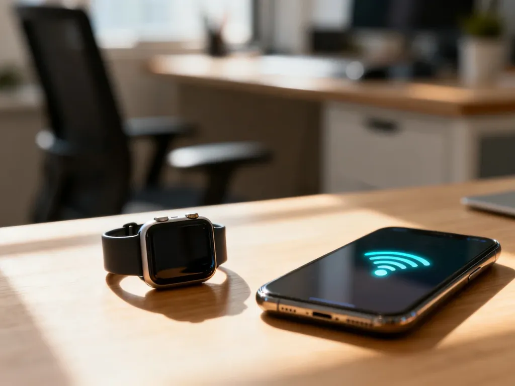 Nowoczesny smartwatch obok smartfona z ikoną połączenia bezprzewodowego na ekranie, gotowe do parowania urządzeń.