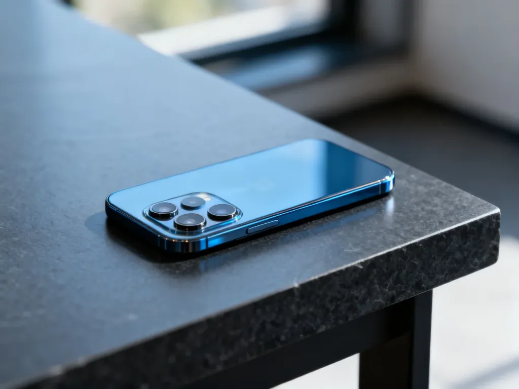 Nowoczesny smartfon z wysokiej jakości aparatem leżący na minimalistycznym, ciemnym blacie w profesjonalnym oświetleniu.