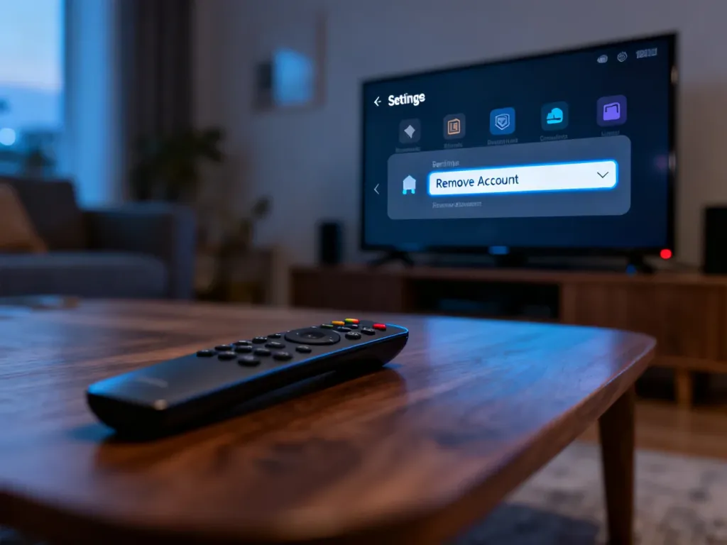Menu ustawień telewizora Smart TV z podświetloną opcją usuwania konta oraz pilot leżący na stoliku.