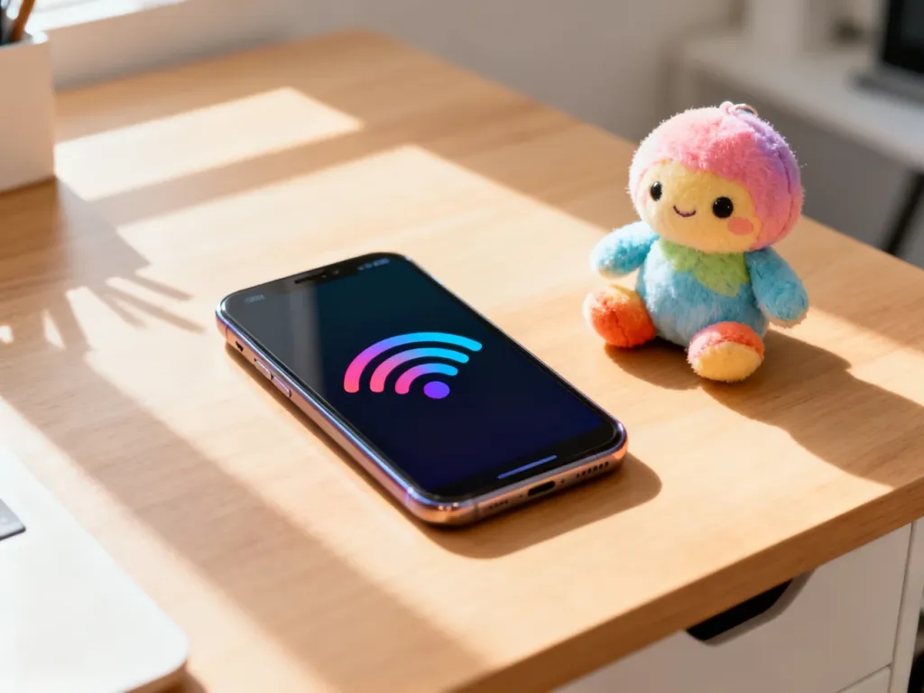 Nowoczesny smartfon z ikoną zasięgu obok pluszowej maskotki na biurku, symbolizujący ofertę abonamentową Plush.