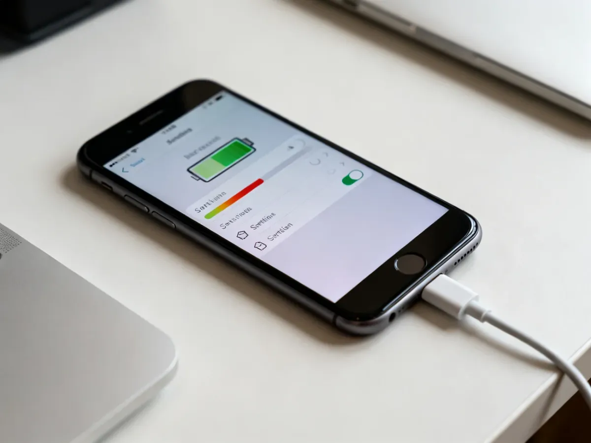 Smartfon z ustawieniami zużycia baterii obok kabla ładowarki