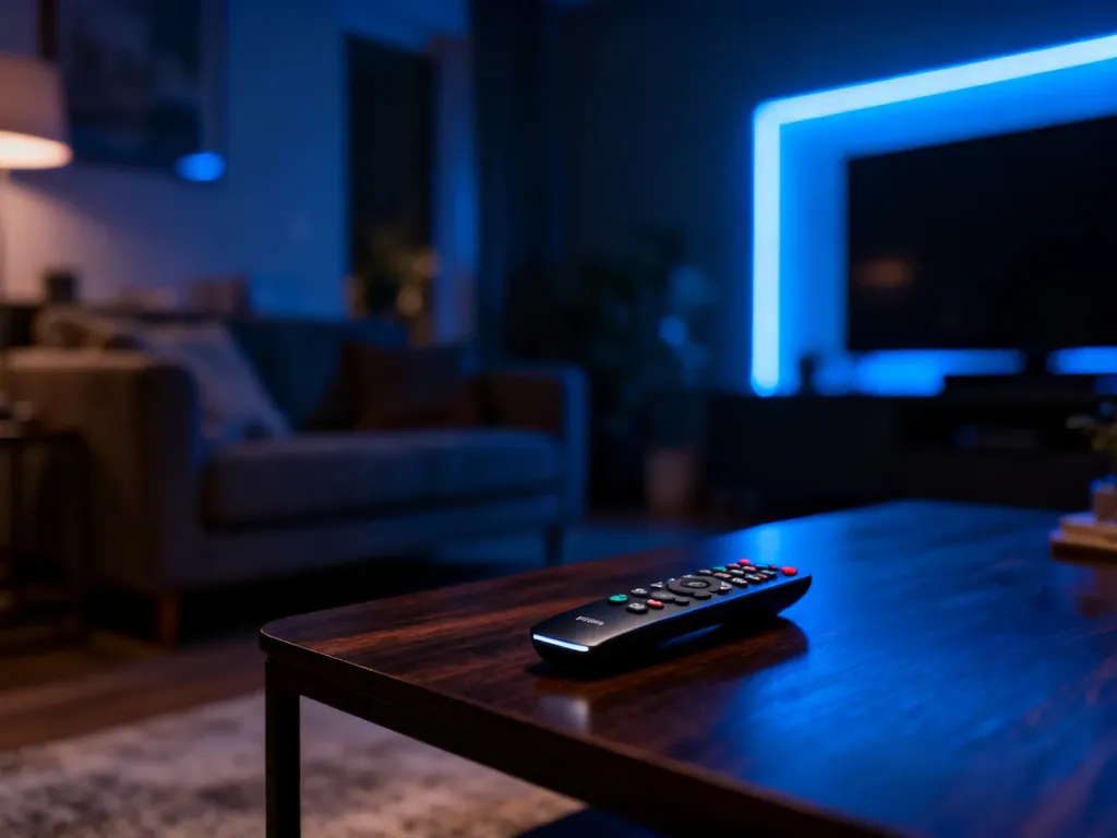 Telewizor 4K wyświetlający film w jakości HDR z głębokim kontrastem, stojący w przytulnym salonie z nastrojowym oświetleniem.