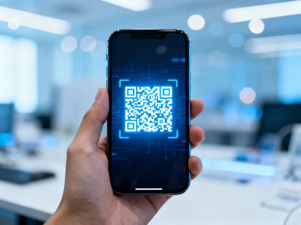 Dłoń trzymająca smartfon z wyraźnym kodem QR na ekranie, gotowym do zeskanowania w nowoczesnym biurze.
