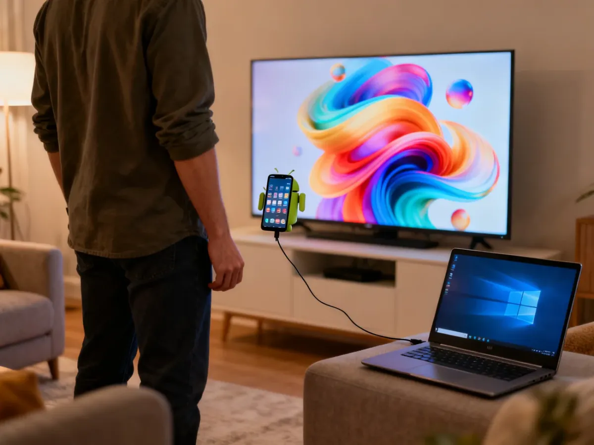 Telefon i laptop połączone bezprzewodowo z telewizorem