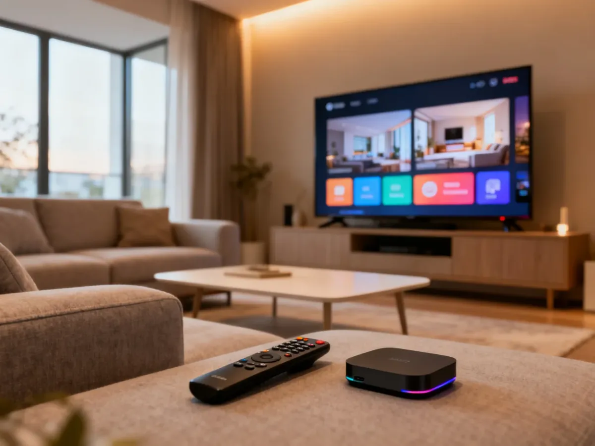 Telewizor z interfejsem Android TV i przystawką multimedialną w nowoczesnym salonie