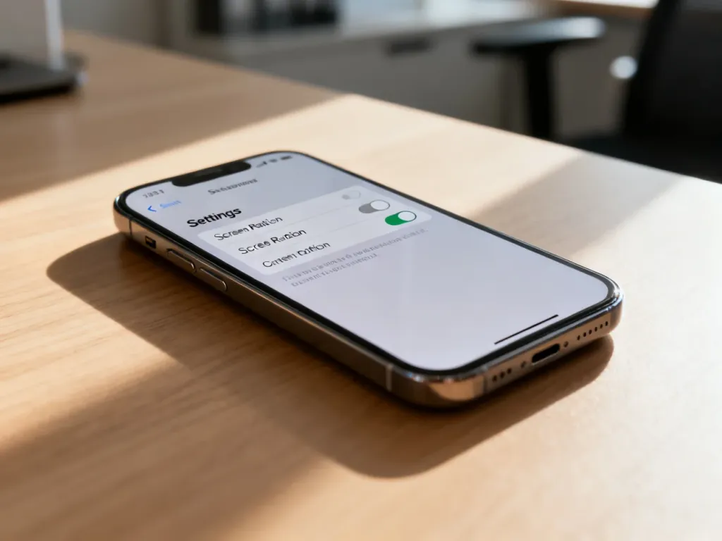 Nowoczesny smartfon na drewnianym biurku z otwartym menu ustawień, w którym wyłączana jest funkcja obracania ekranu.