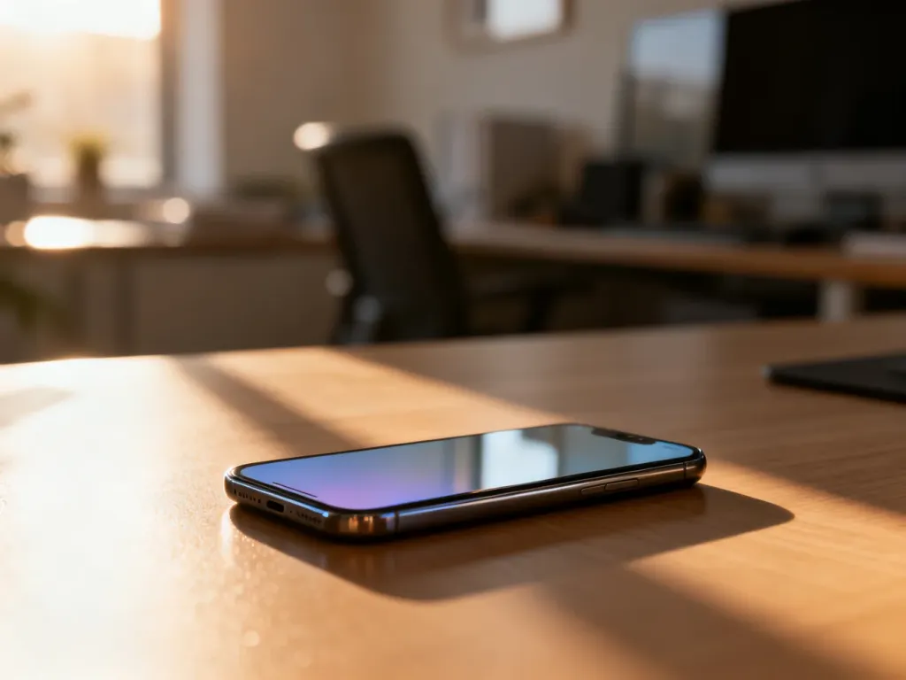 Nowoczesny smartfon Samsung Galaxy leżący na minimalistycznym drewnianym biurku w słonecznym domowym biurze.