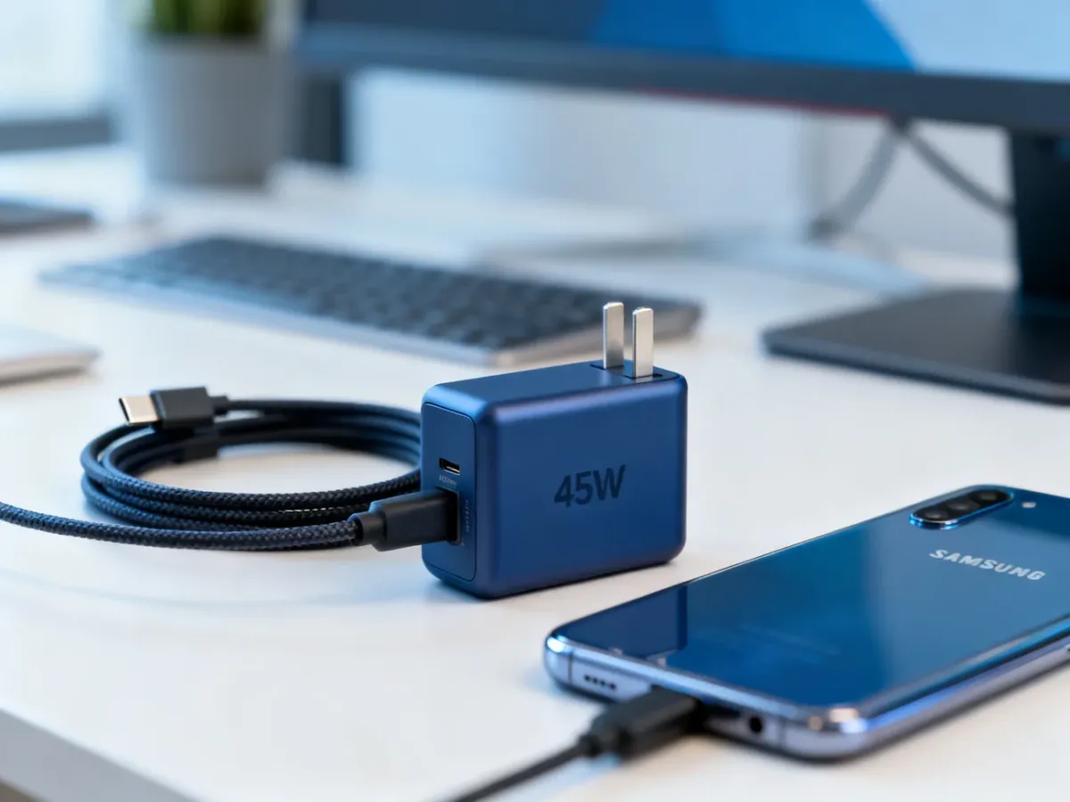 Ładowarka USB-C 45 W i kabel z telefonem Samsung na biurku