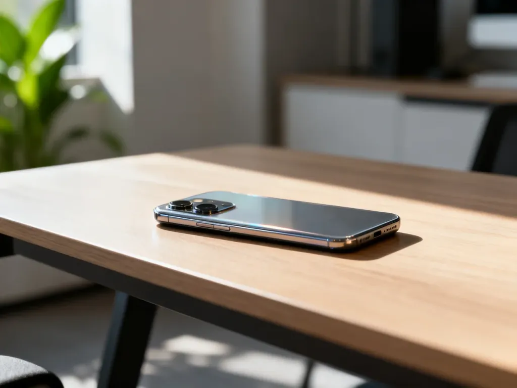 Nowoczesny smartfon Xiaomi 15 leżący na minimalistycznym drewnianym biurku w słonecznym, domowym biurze.