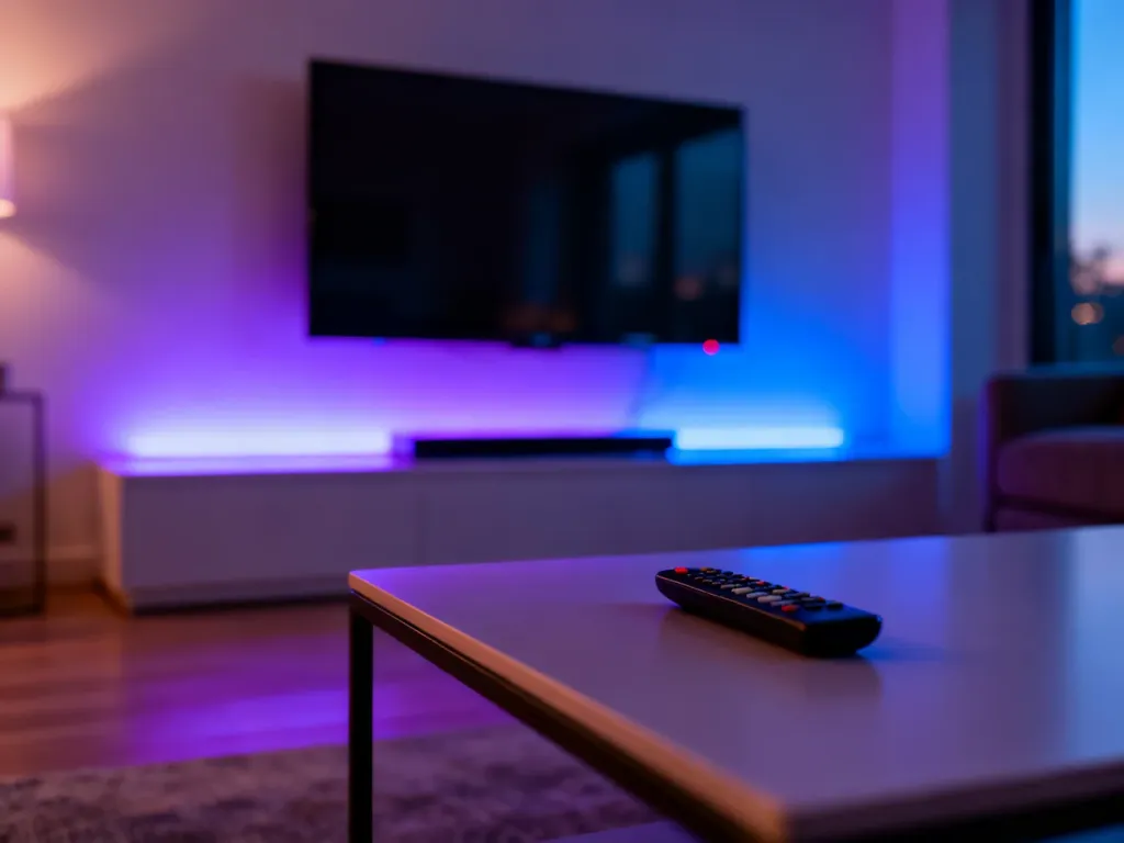 Nowoczesny salon z telewizorem, którego tylne podświetlenie LED rzuca na ścianę nastrojową poświatę w odcieniach błękitu i fioletu.