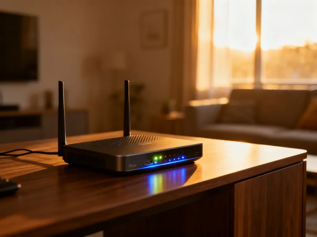 Nowoczesny router światłowodowy na drewnianym biurku, symbolizujący szybkie i stabilne połączenie internetowe w domu.