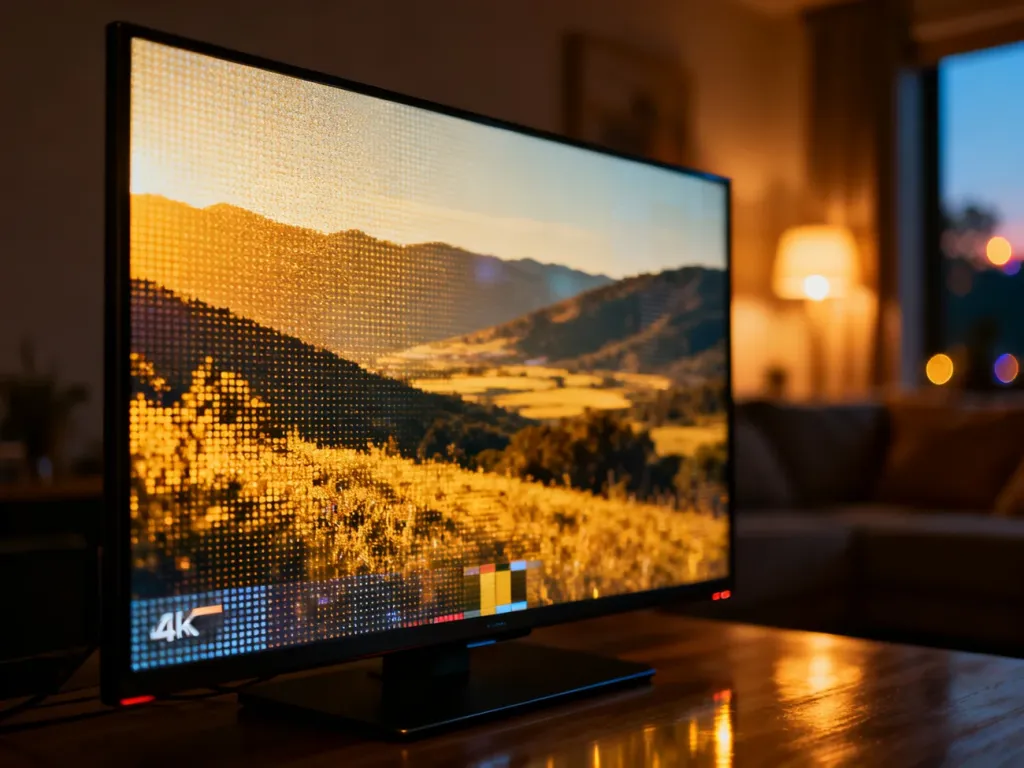 Ekran telewizora 4K wyświetlający ostry obraz testowy, prezentujący wysoką jakość detali i kolorów w domowym wnętrzu.