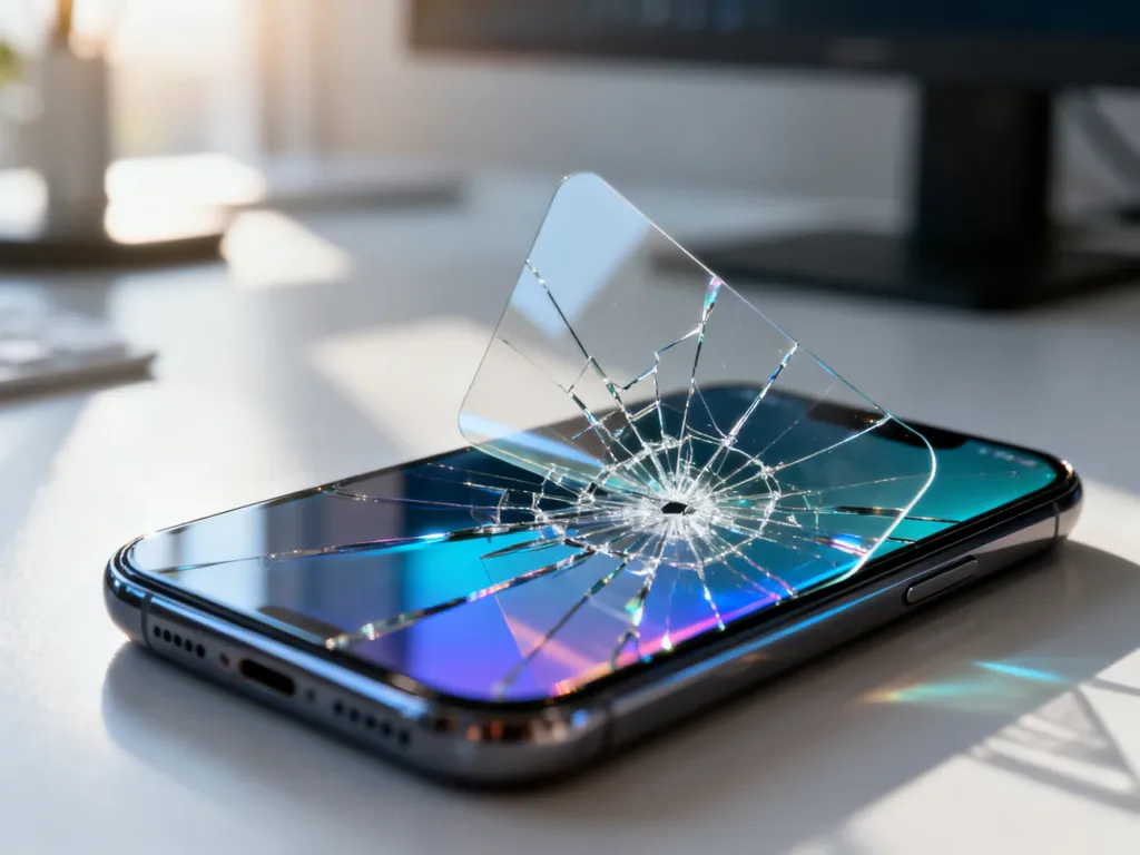 Zdejmowanie pękniętego szkła hartowanego z ekranu smartfona, ukazujące nienaruszoną powierzchnię wyświetlacza.