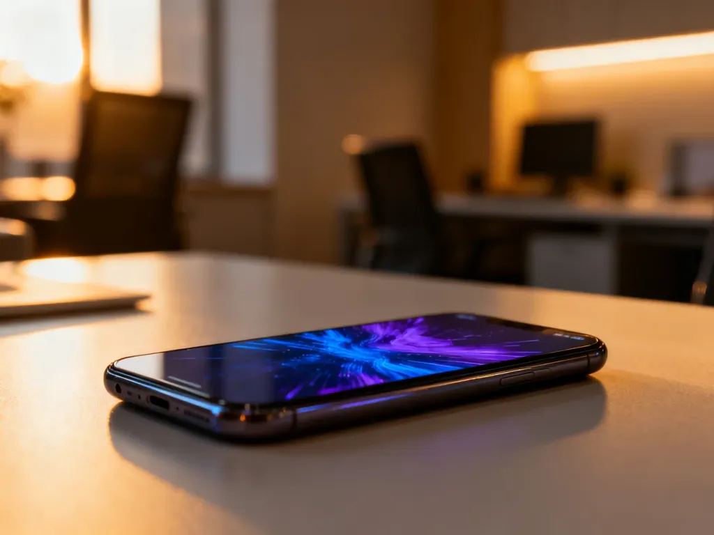 Nowoczesny smartfon Xiaomi Redmi z kolorową grafiką na ekranie, leżący na minimalistycznym biurku w biurowym wnętrzu.