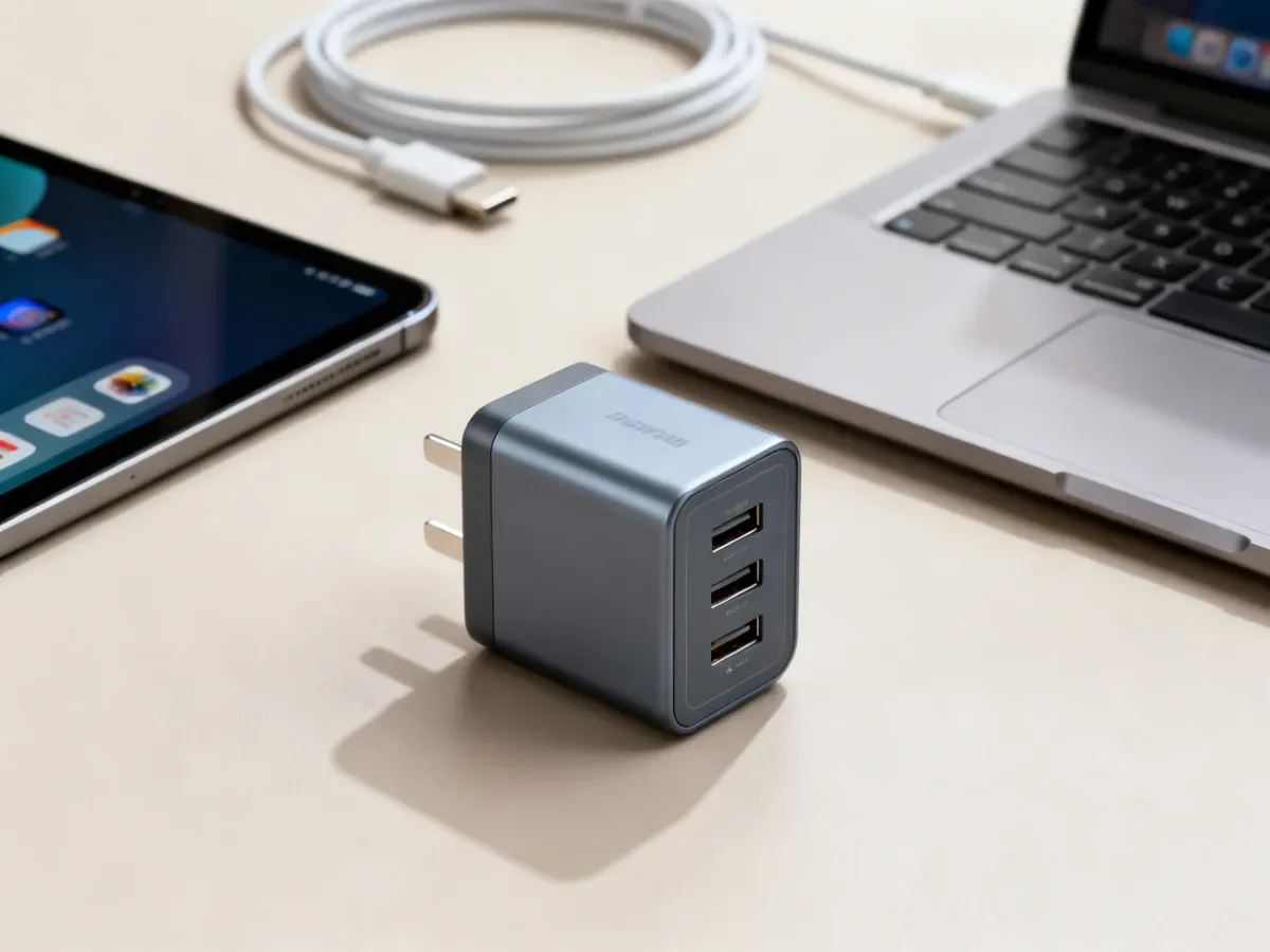 Uniwersalna ładowarka USB-C obok telefonu, tabletu i laptopa