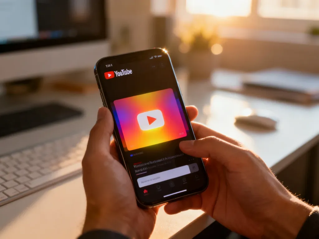 Nowoczesny smartfon z otwartą aplikacją YouTube, trzymany w dłoniach na tle przytulnego biurka w świetle poranka.