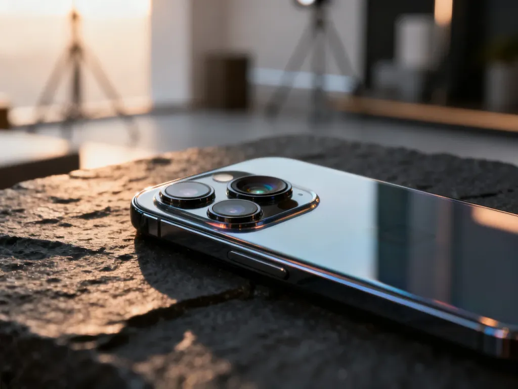 Nowoczesny smartfon z zaawansowanym modułem aparatu na minimalistycznym, kamiennym tle.