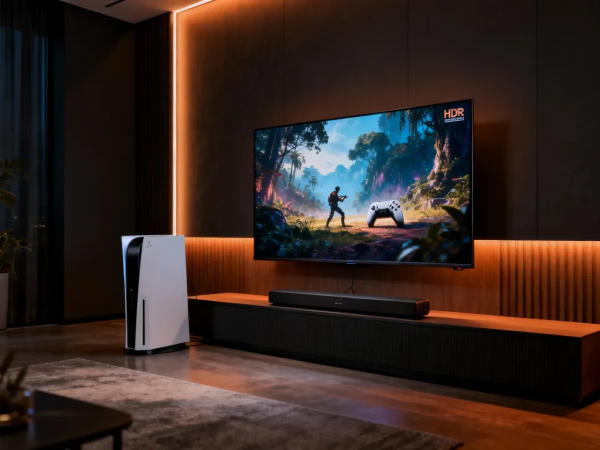 Nowoczesny salon z 50-calowym telewizorem smart TV, konsolą i soundbarem