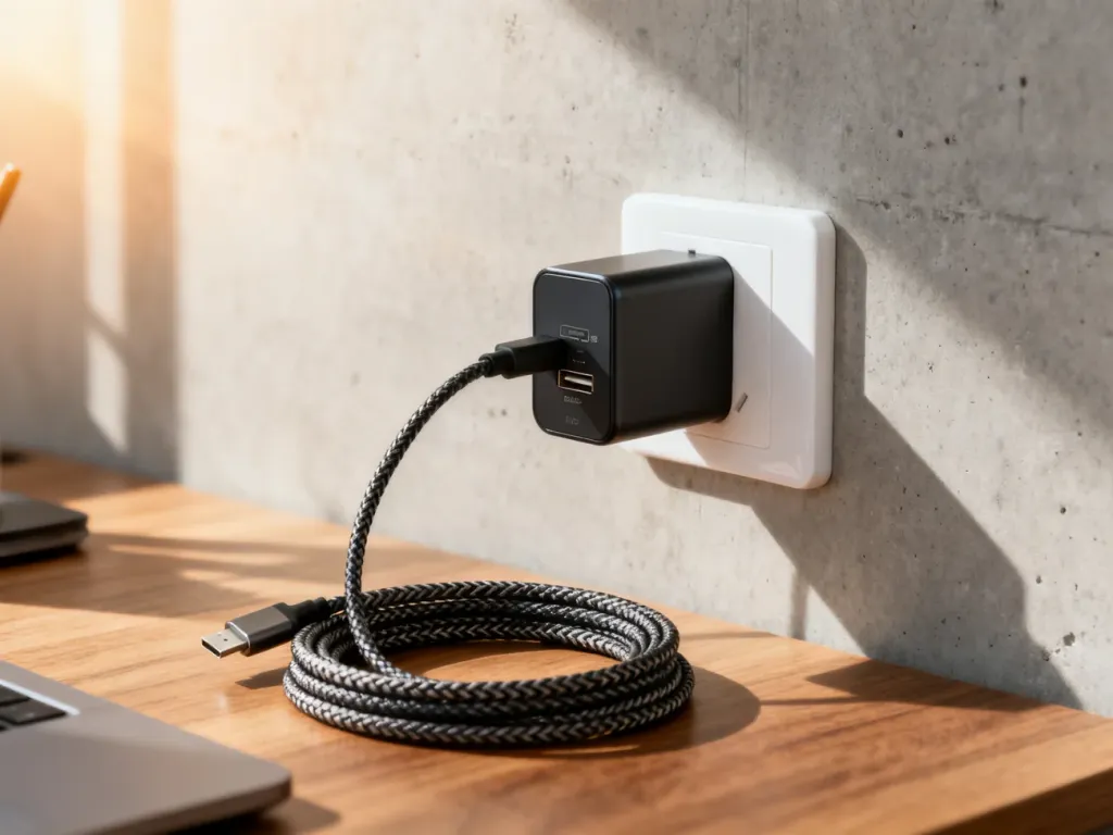 Nowoczesna ładowarka USB-C wpięta do gniazdka oraz zwinięty kabel na drewnianym biurku w świetle poranka.