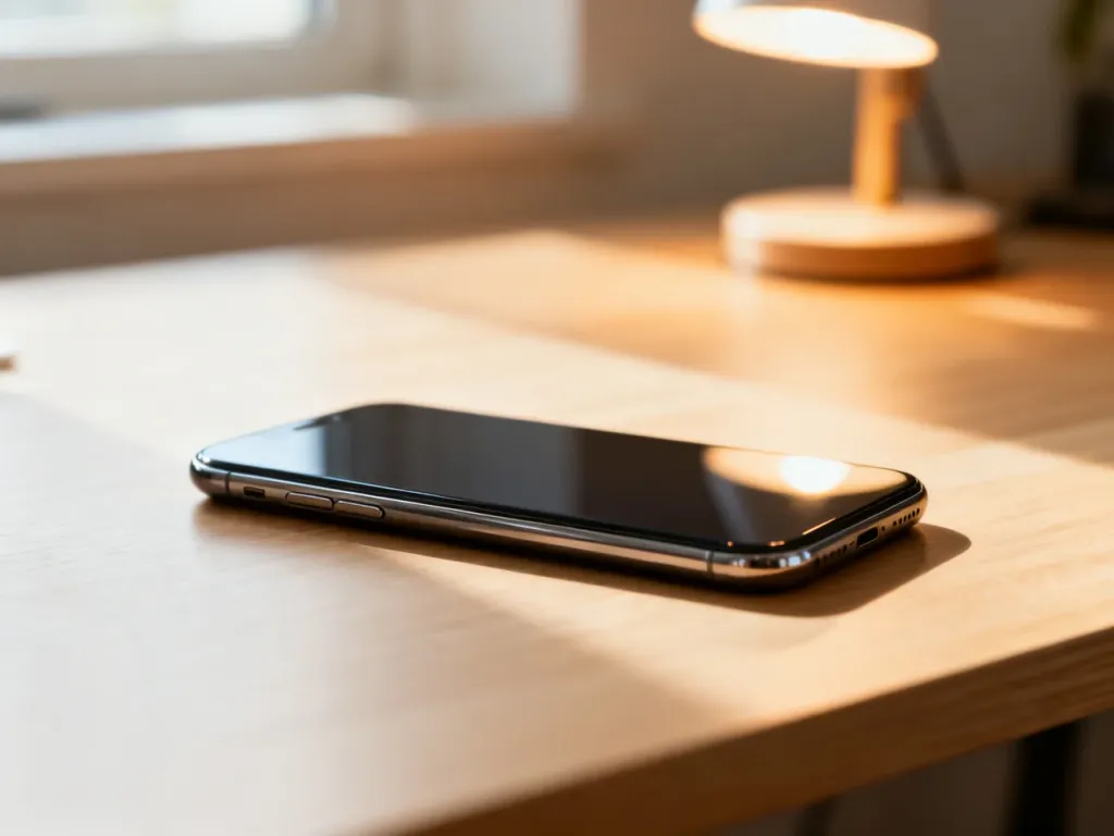 Nowoczesny smartfon leżący na minimalistycznym drewnianym biurku w świetle poranka.