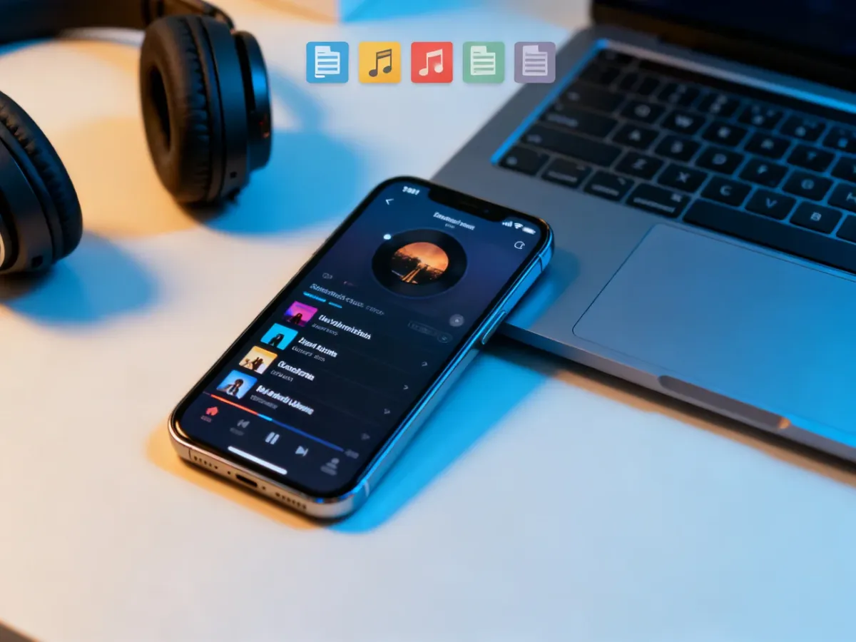 Smartfon z biblioteką muzyki obok laptopa i słuchawek
