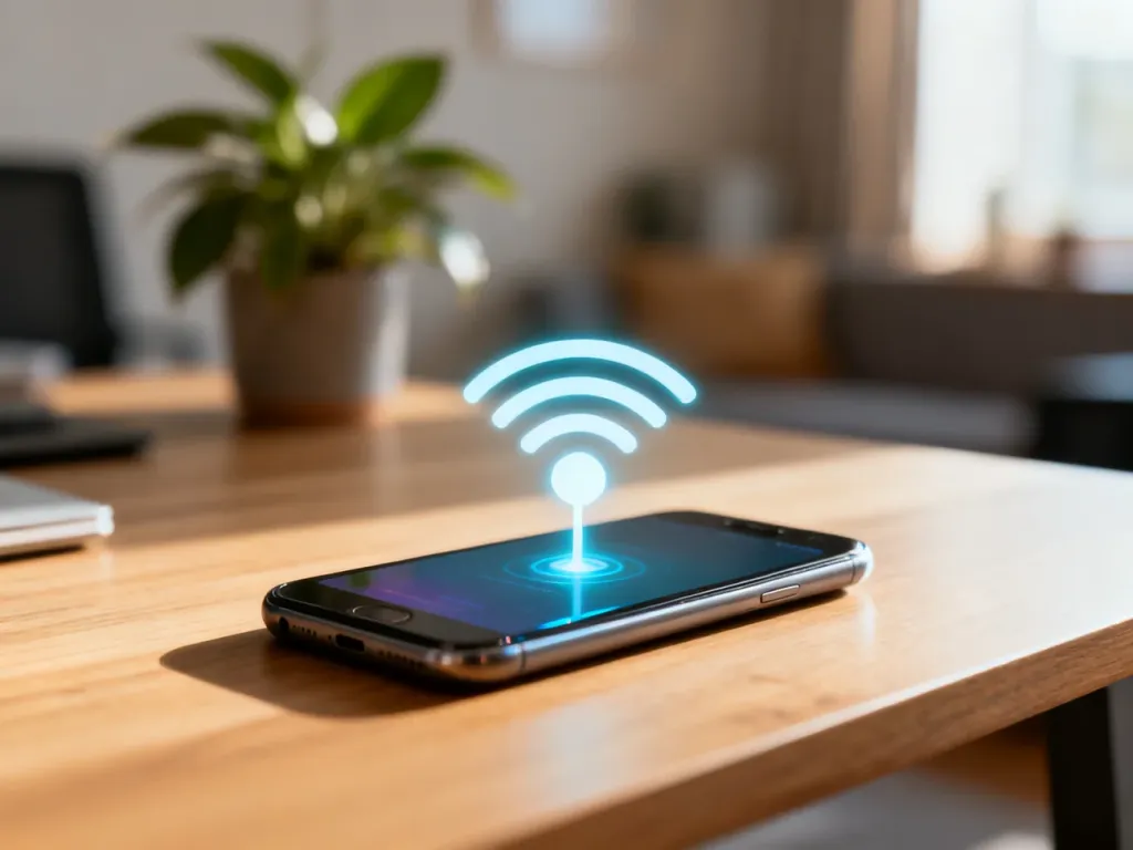 Nowoczesny smartfon na biurku z ikoną bezprzewodowego przesyłania danych na ekranie.