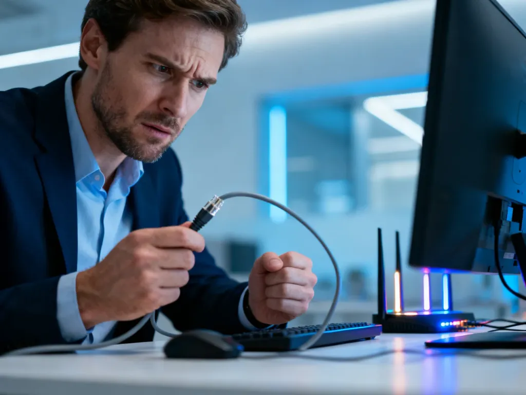 Zirytowany mężczyzna trzymający kabel sieciowy przy komputerze, ilustrujący problemy z połączeniem internetowym.